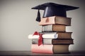 Graduation hat and diploma with book on table Royalty Free Stock Photo