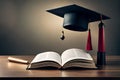 Graduation hat and diploma with book on table pen Ai generated Royalty Free Stock Photo