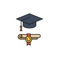 Graduation hat and diploma icon, color, line, outline vector sign, linear style pictogram isolated on white. Symbol, logo Royalty Free Stock Photo