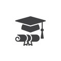Graduation hat and diploma icon vector, filled flat sign, solid pictogram