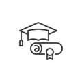 Graduation hat and diploma line icon