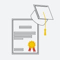 Graduation hat and diploma scroll linear icon