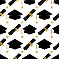 Graduation hat and diploma seamless pattern. Grad ceremony backdrop. Vector template for fabric, textile, wallpaper Royalty Free Stock Photo