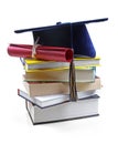 Graduation hat and diploma on stack of books