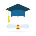 Graduation hat with diploma on white background. Vector illustration.Education and university concept. Royalty Free Stock Photo