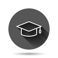 Graduation hat icon in flat style. Student cap vector illustration on black round background with long shadow effect. University Royalty Free Stock Photo