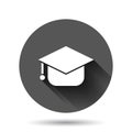 Graduation hat icon in flat style. Student cap vector illustration on black round background with long shadow effect. University Royalty Free Stock Photo