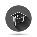 Graduation hat icon in flat style. Student cap vector illustration on black round background with long shadow effect. University Royalty Free Stock Photo