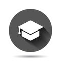 Graduation hat icon in flat style. Student cap vector illustration on black round background with long shadow effect. University Royalty Free Stock Photo