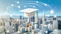 a graduation hat and interconnected lines mapping over a bustling cityscape, all viewed from above, merging the concepts