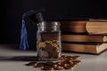 Graduation hat on jar with coins and books. Scholarship money concept