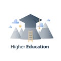 Graduation hat and mountains, higher education, business training course, scholarship concept, academy study