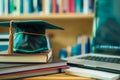 graduation Hat off student on stack of books, laptop, library background. Education learning concept Royalty Free Stock Photo