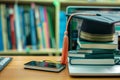 graduation Hat off student on stack of books, laptop, library background. Education learning concept Royalty Free Stock Photo