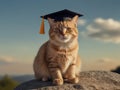 Cat with Graduation Hat. Cat posing on rock with graduation hat with tassel, funny copy space