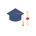 Graduation Hat and Scroll Flat Illustration. Clean Icon Design Element on Isolated White Background Royalty Free Stock Photo