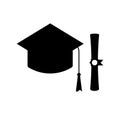 Graduation Hat and Scroll Silhouette. Black and White Icon Design Element on Isolated White Background Royalty Free Stock Photo