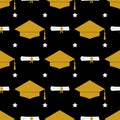 Graduation hat seamless pattern. Grad ceremony backdrop. Vector template for fabric, textile, wallpaper, wrapping paper Royalty Free Stock Photo