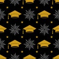 Graduation hat seamless pattern. Grad ceremony backdrop. Vector template for fabric, textile, wrapping paper, wallpaper Royalty Free Stock Photo