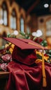 A graduation hat sits on top of a red cloth, AI