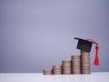 Graduation hat on stack of coins. The concept of saving money for education, student loan, scholarship, tuition fees in future Royalty Free Stock Photo