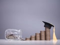 Graduation hat on stack of coins. The concept of saving money for education, student loan, scholarship, tuition fees in future Royalty Free Stock Photo