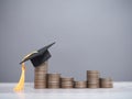 Graduation hat on stack of coins. The concept of saving money for education, student loan, scholarship, tuition fees Royalty Free Stock Photo