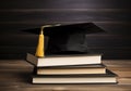 Graduation hat and stack of study books. Concept of learning, education and graduation. Generative AI Royalty Free Stock Photo