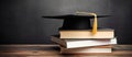 Graduation hat and stack of study books. Concept of learning, education and graduation Generative AI Royalty Free Stock Photo