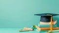 Graduation hat, student books and diplomas on the table, light pastel background, space for text