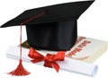 Graduation hat with tassel, diploma with red Royalty Free Stock Photo