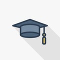 Graduation hat thin line flat color icon. Linear vector symbol. Colorful long shadow design.