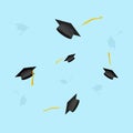 Graduation hats in the air vector illustration, graduate caps trowing up in sky, flying academic hats