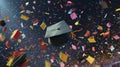 Graduation hats and confetti raining on a black background