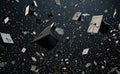 Graduation Hats Fluttering in Air with Confetti-like Dots in Light Black and Grey