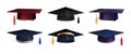 Set with isolated graduation education realistic front icons of academic hats with tassels on blank background vector illustration