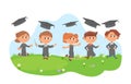 Graduation kids background. Happy successful student, academic hats flying. Cute graduated children, jumping cartoon boy