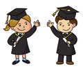 Graduation kids,Cartoon graduation illustration.Boy and girl with graduation cap