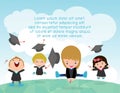 Graduation kids, happy child graduates, happy kids jumping, Graduates in gowns and with diploma, students graduation, illustration