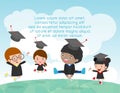 Graduation kids, happy child graduates, happy kids jumping, Graduates in gowns and with diploma, students graduation, illustration Royalty Free Stock Photo