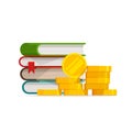 Graduation knowledge cost or expensive education or scholarship loan vector, flat cartoon money and stack of books, idea