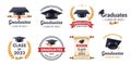 Graduation label. Class of 2023 congratulations graduates typography design, graduation ceremony badges vector template