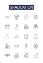 Graduation line vector icons and signs. Celebration, Graduate, Degree, Education, Finale, Cap, Gown, Diploma outline