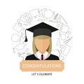 Graduation logo template design elements. Icon girl in school clothes surrounded by school subjects.