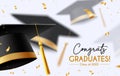 Graduation messages vector design. Congrats graduates text with 3d mortarboard cap in bokeh lights background for college.