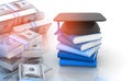 Graduation mortar board cap and books with stack of us dollars