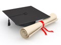 Graduation. Mortarboard and diploma. 3d Royalty Free Stock Photo