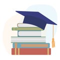Graduation mortarboard or square cap and books. Vector illustration
