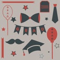 Graduation Package. Two Thousand Eighteen. Paper Background with transparent bubbles. Bow, tie, balloons, stars, graduation cap,