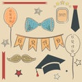 Graduation Package. Two Thousand Eighteen. Paper Background with transparent bubbles. Bow, tie, balloons, stars, graduation cap,